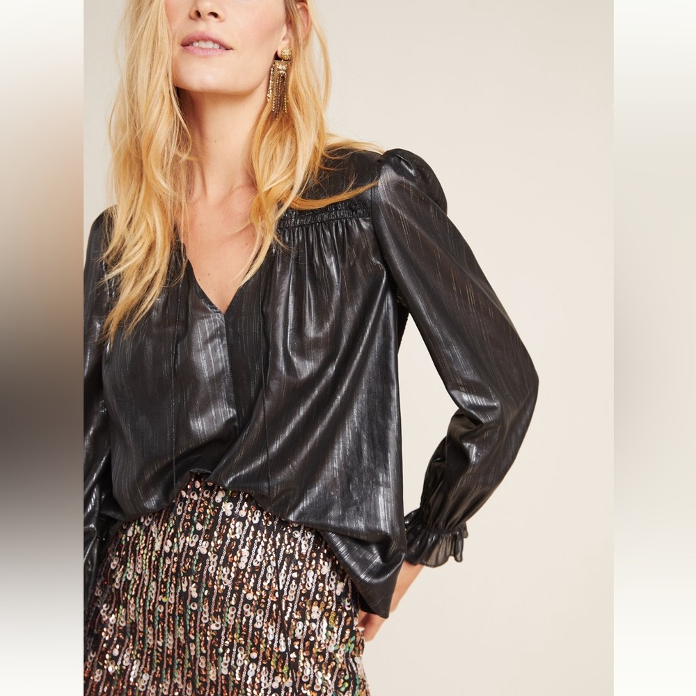 Anthropologie Current Air Black Metallic Bristol Top Blouse Size M